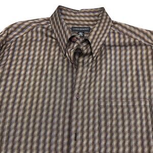 Jhane Barnes Shirt Men XLarge Brown‎ Yellow Blue Stripe Snap Down Collar 90s VTG